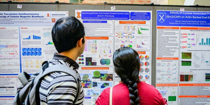 Students looking at research posters.