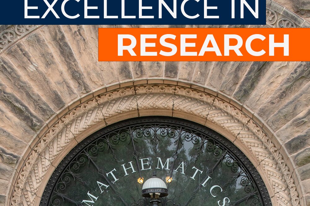 Entryway of Altgeld Hall. "Mathematics" is stenciled on the glass of the window. Graphic overlay reads "EXCELLENCE IN RESEARCH."
