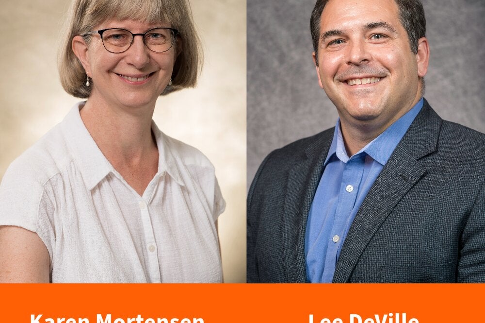 Two panels. On the left is a professional headshot of a woman. On the right is a professional headshot of a man.