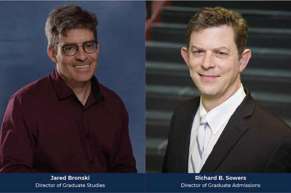 On the left is a portrait of Jared Bronski wearing a red button up shirt against a blue background. On the right is Richard B. Sowers wearing a white dress shirt with a black jacket in front of a set of stairs.