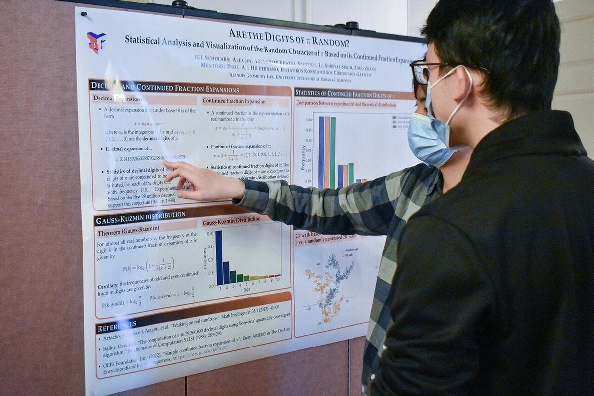 Students look at a research presentation poster about the digits of pi