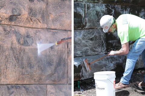 two panels: panel 1 shows water being sprayed against the side of the building; panel 2 shows a worker bent over with a scrub brush, cleaning bricks on the exterior of a building