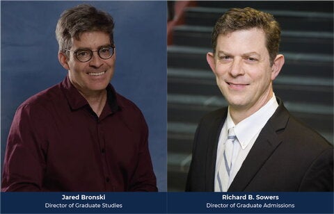 On the left is a portrait of Jared Bronski wearing a red button up shirt against a blue background. On the right is Richard B. Sowers wearing a white dress shirt with a black jacket in front of a set of stairs.