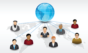 icons representing people are scattered over a global map; a 3D rendering of a globe is in the background; dotted lines connect the people icons to the globe icon