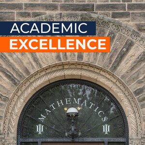 Entryway of Altgeld Hall. "Mathematics" is stenciled on the glass of the window. Graphic overlay reads "ACADEMIC EXCELLENCE."