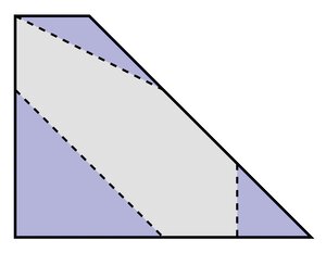 A 4 sided irregular polygon is shown with dotted lines breaking it into 4 pieces, leaving a large area in the center shaded in gray, and three areas along the edges shaded in purple.