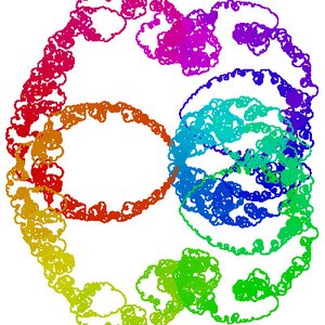 An image created in Mathematica made up of a lot of spirals in varying rainbow hues.