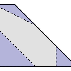 A 4 sided irregular polygon is shown with dotted lines breaking it into 4 pieces, leaving a large area in the center shaded in gray, and three areas along the edges shaded in purple.